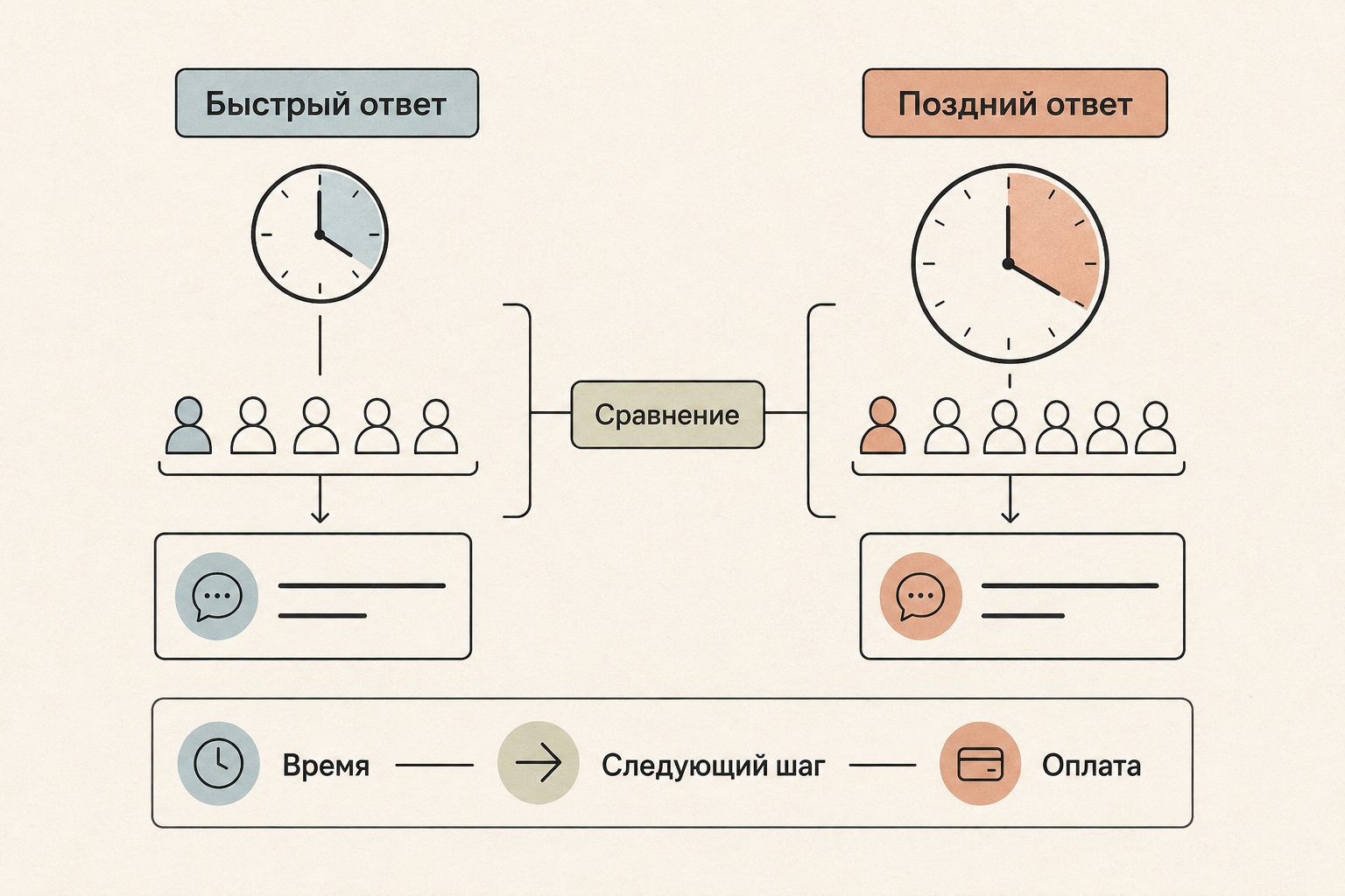 Сравнение пути клиента после быстрого и позднего первого ответа команды