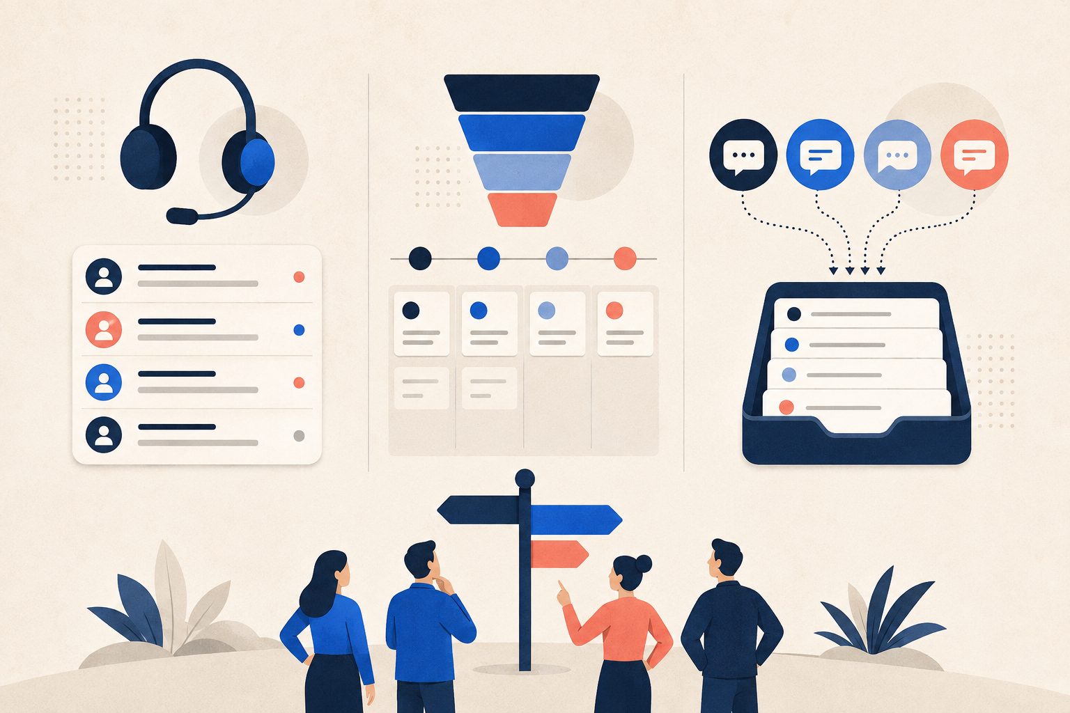 Сравнение трёх рабочих систем: helpdesk для поддержки, CRM для сделок и агрегатор мессенджеров для общей очереди чатов